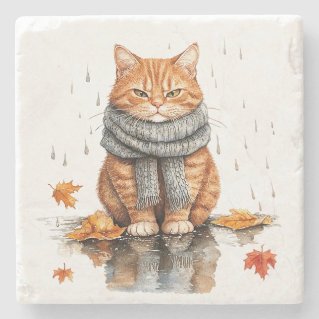 Grumpy Orange Cat in Rain Stone Coaster (Front)