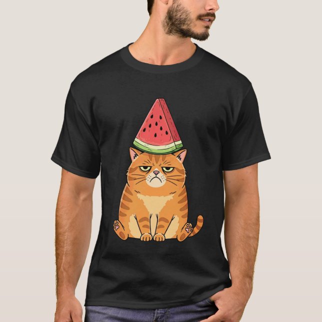 Grumpy Orange Cat Watermelon Summer Humour Feline  T-Shirt (Front)