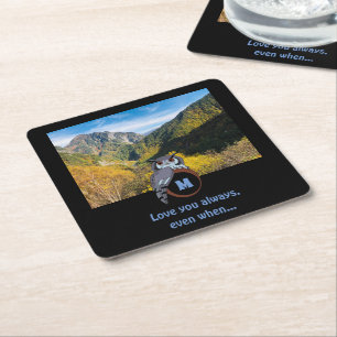 Grumpy Owl Nesting on Monogram Egg Photo Square Paper Coaster