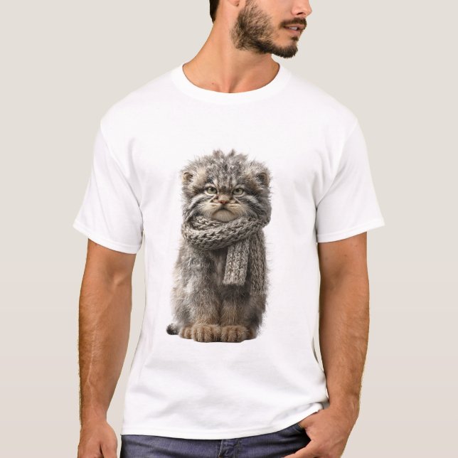 Grumpy Pallas Cat in Knitted Scarf T-Shirt (Front)