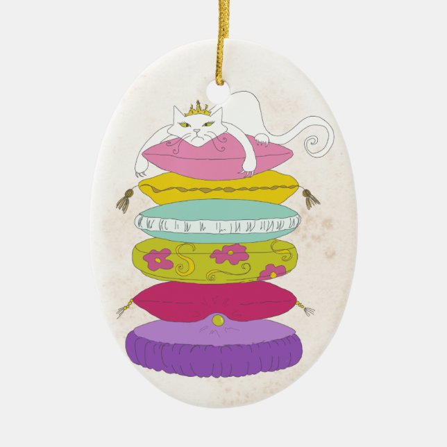 Grumpy princess cat and the pea cartoons ceramic tree decoration (Front)