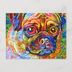Grumpy Pug Dog Impressionist Pet Portrait Postcard