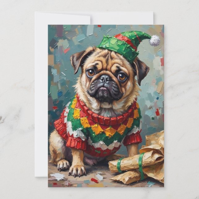 Grumpy Pug Dog in Elf Hat Funny Christmas Art Holiday Card (Front)