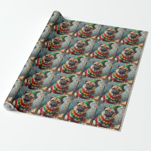 Grumpy Pug Dog in Elf Hat Funny Christmas Art Wrapping Paper