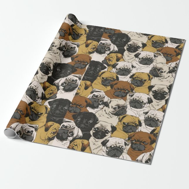 Grumpy Pugs / Funny Cute Pug Dogs Puppies Pattern Wrapping Paper (Unrolled)