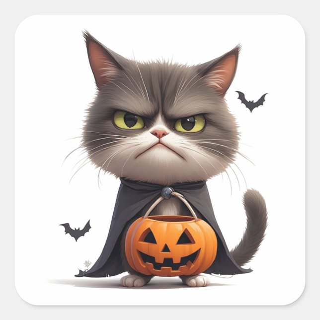 Grumpy Pumpkin Witch Cat Halloween Theme 🎃 Square Sticker (Front)