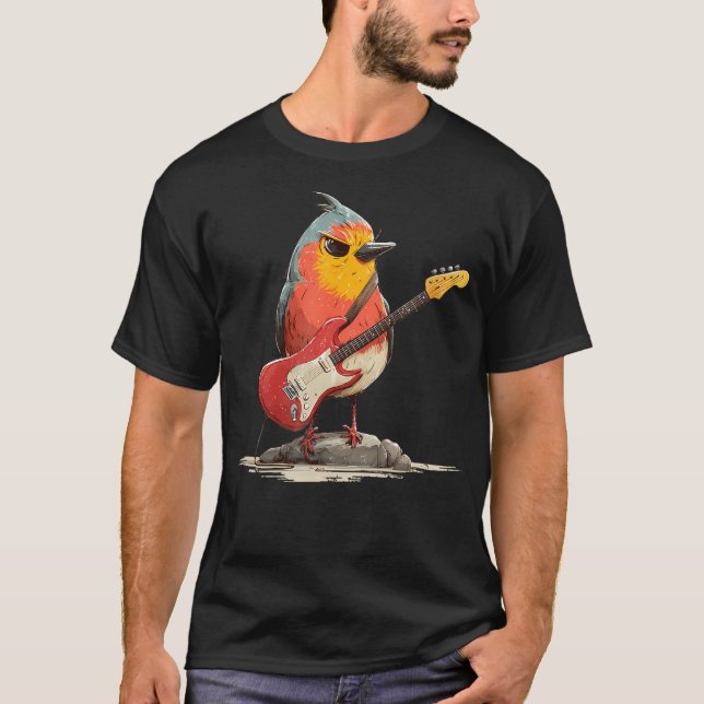 Grumpy Robin Bird With Electric Guitar For Feather T-Shirt (Front)