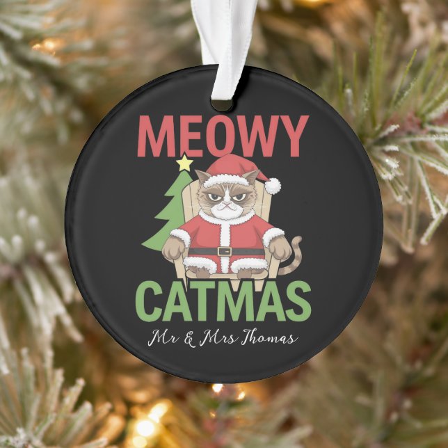 Grumpy Santa Cat Holiday Illustration Funny Meowy  Ornament (Tree)