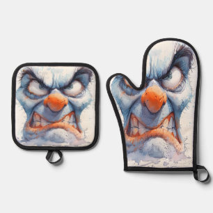 Grumpy Snowman Oven Mitt and Pot Holder Set