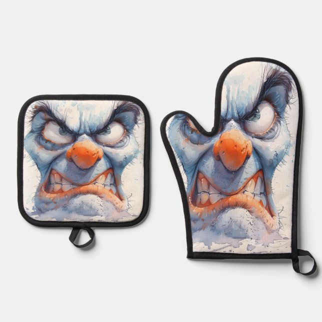 Grumpy Snowman Oven Mitt and Pot Holder Set (Front)