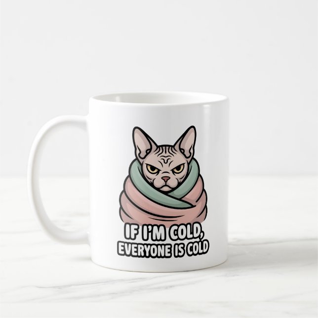 Grumpy Sphynx Cat Cold Humor Cartoon Art Coffee Mug (Left)