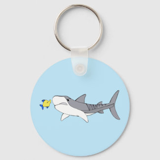 Grumpy tiger shark and cute yellow fish key ring
