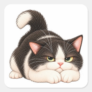 Grumpy Tuxedo Cat Cute Annoyed Kitty Design Square Sticker