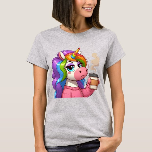 Grumpy Unicorn Needs Coffee Cartoon T-Shirt (Front)