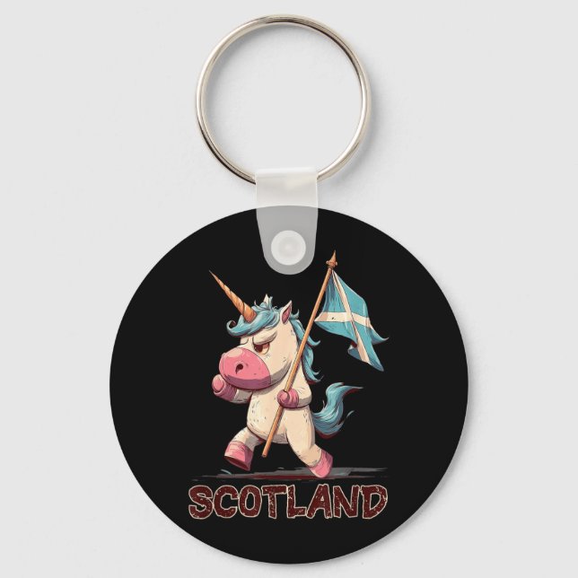 Grumpy Unicorn with Scottish Flag for Scotland Key Ring (Front)