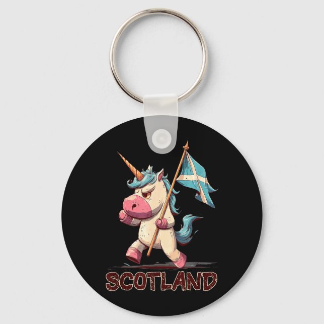 Grumpy Unicorn with Scottish Flag for Scotland Key Ring (Front)