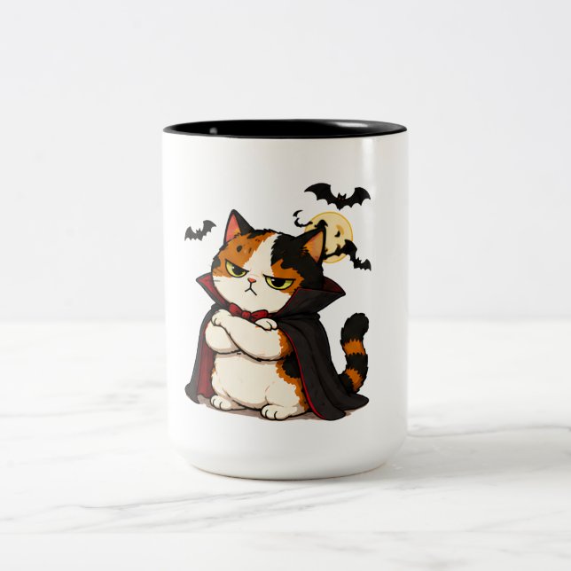 Grumpy Vampire Cat Halloween  Two-Tone Coffee Mug (Center)