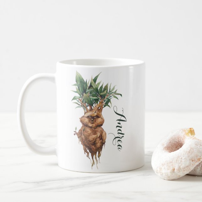 Grumpy Watercolor Mandrake Plant Custom Name Coffee Mug (With Donut)