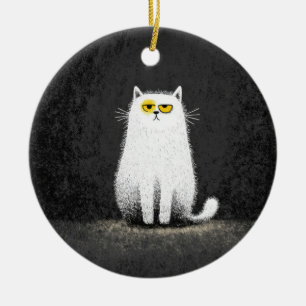 Grumpy White Cat – Funny Minimal Cat Art Ceramic Tree Decoration