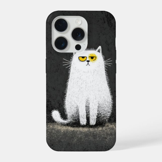 Grumpy White Cat – Funny Minimal Cat Art iPhone Case (Back)