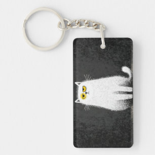Grumpy White Cat – Funny Minimal Cat Art Key Ring