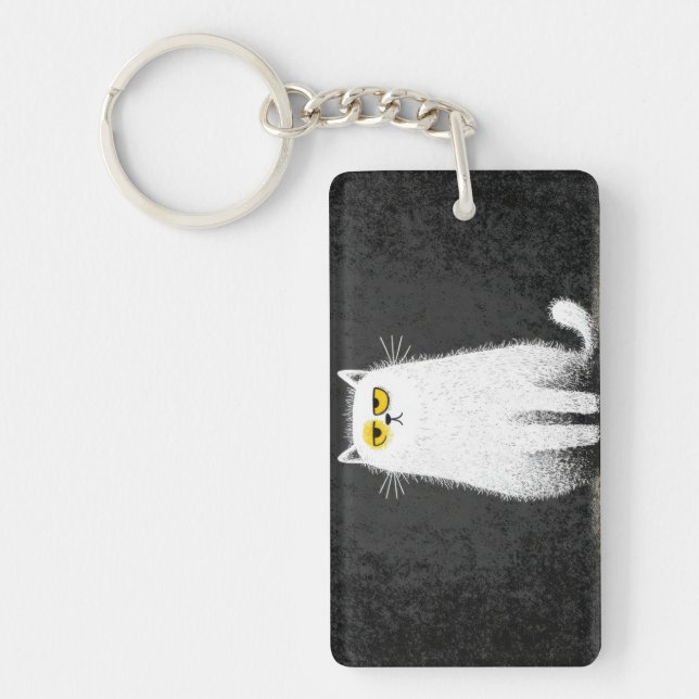 Grumpy White Cat – Funny Minimal Cat Art Key Ring (Front)