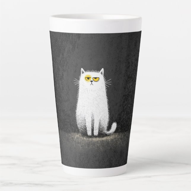 Grumpy White Cat – Funny Minimal Cat Art Latte Mug (Front)