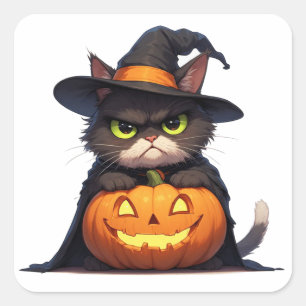 Grumpy Witch Cat And Jack O Lantern Halloween 🦇 Square Sticker