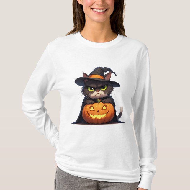 Grumpy Witch Cat And Jack O Lantern Halloween 🦇 T-Shirt (Front)