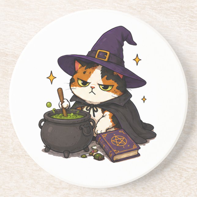 Grumpy Witch Cat Halloween  Coaster (Front)