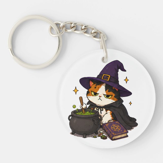 Grumpy Witch Cat Halloween  Key Ring (Front)