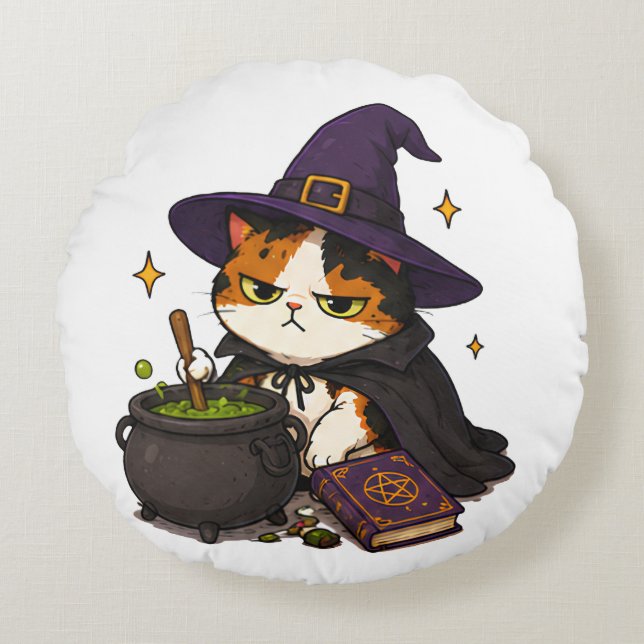Grumpy Witch Cat Halloween  Round Cushion (Front)