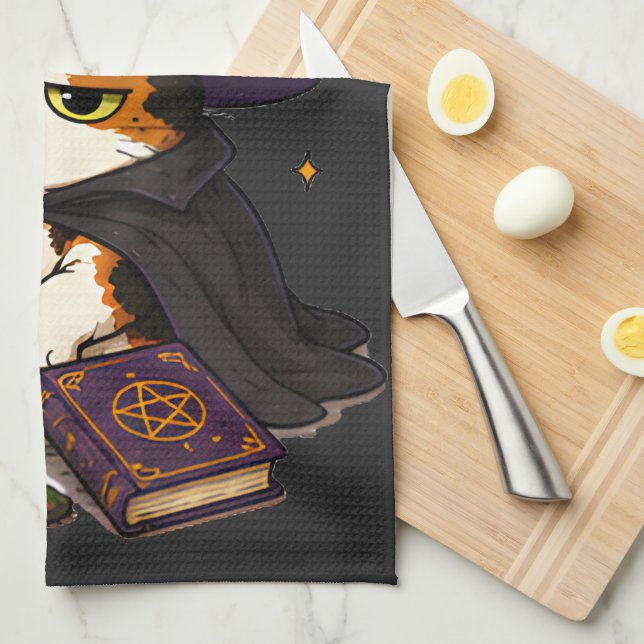 Grumpy Witch Cat Halloween  Tea Towel (Quarter Fold)