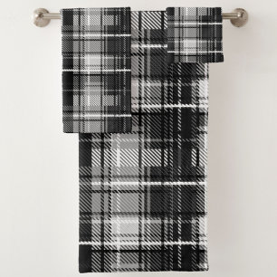 Grunde Black White Flannel Plaid Tartan Design Bath Towel Set