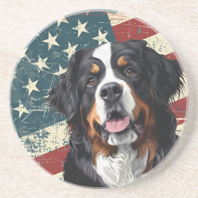 Grunge American Flag Bernese Mountain Dog Coaster (Front)