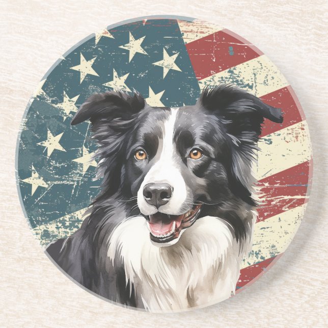 Grunge American Flag Border Collie Dog Coaster (Front)