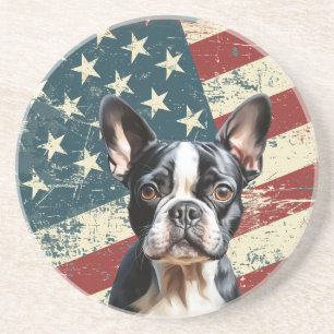 Grunge American Flag Boston Terrier Dog Coaster