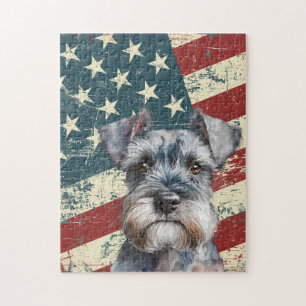 Grunge American Flag Miniature Schnauzer Dog Jigsaw Puzzle