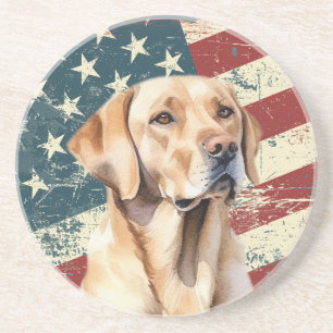 Grunge American Flag Yellow Labrador Retriever Dog Coaster