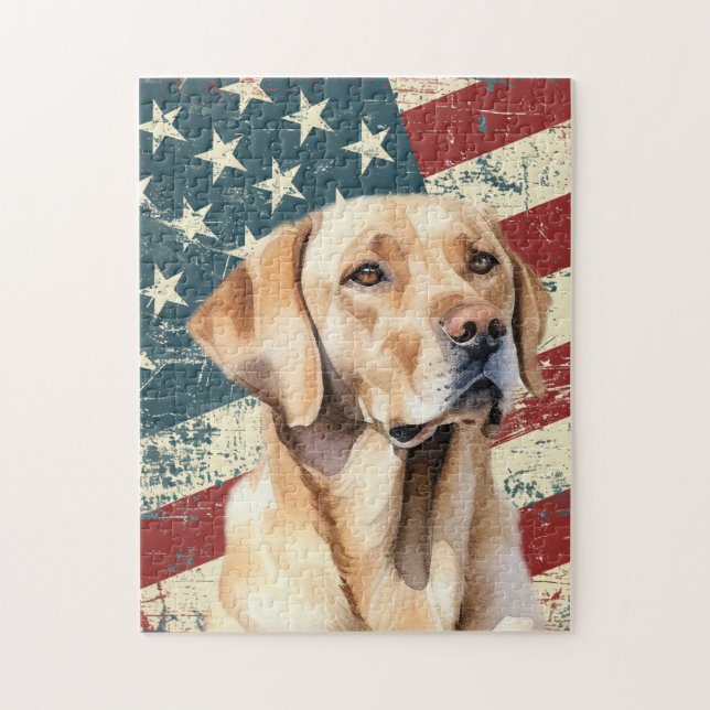 Grunge American Flag Yellow Labrador Retriever Dog Jigsaw Puzzle (Vertical)
