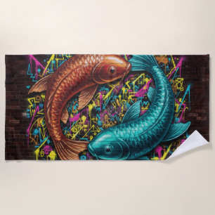 Grunge Asian Koi Art Beach Towel