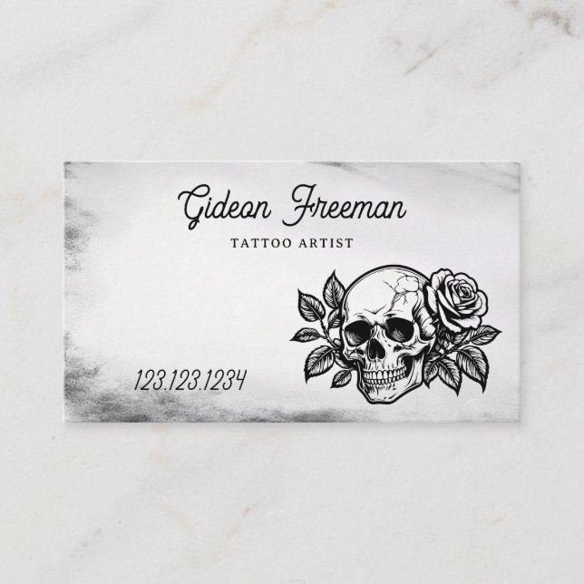Grunge Black and White Rose Skull Tattoo Artist Business Card (Front)