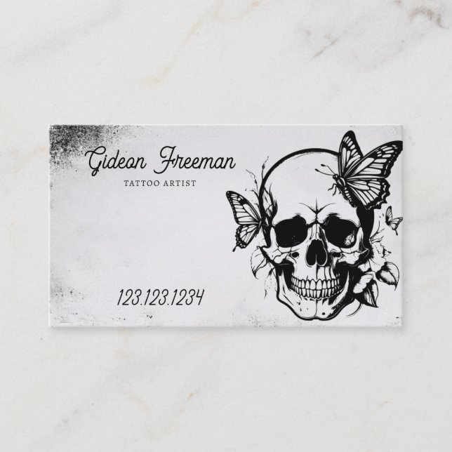 Grunge Black & Grey Skull with Butterflies Tattoo Business Card (Front)