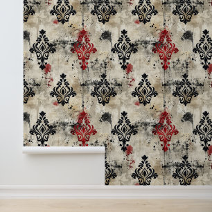 Grunge Black & Red Ornamental Damask Creepy Wallpaper