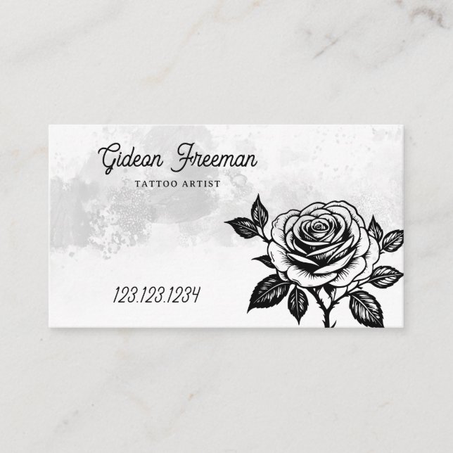 Grunge Black & White Rose Tattoo Artist Business Card (Front)