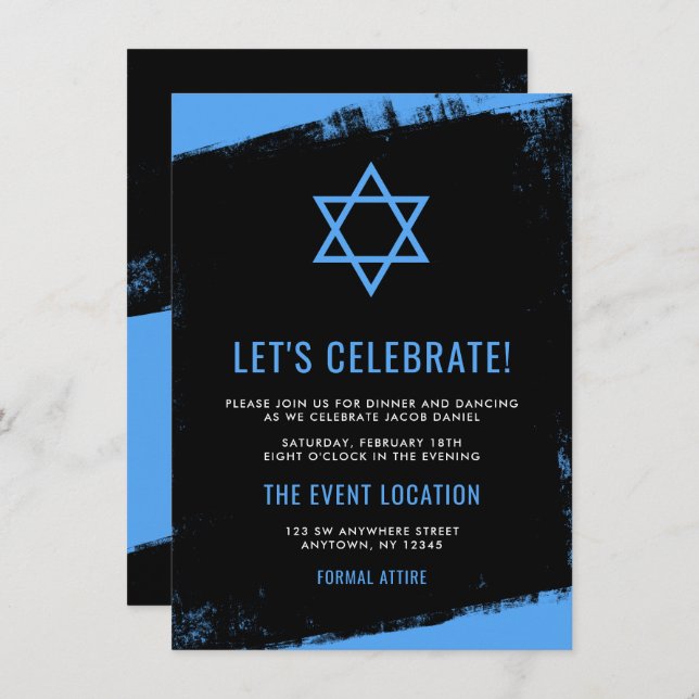 Grunge Blue Black Bar Mitzvah Reception Invitation (Front/Back)