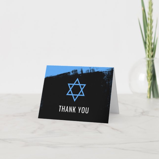 Grunge Blue Black Bar Mitzvah Thank You Card (Front)