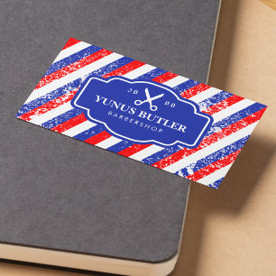 Grunge Blue & Red Stripes Scissor Barbershop  Business Card