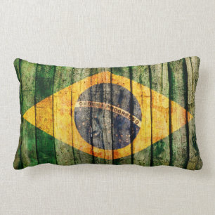 Grunge Brazil flag on rustic wood texture Lumbar Cushion