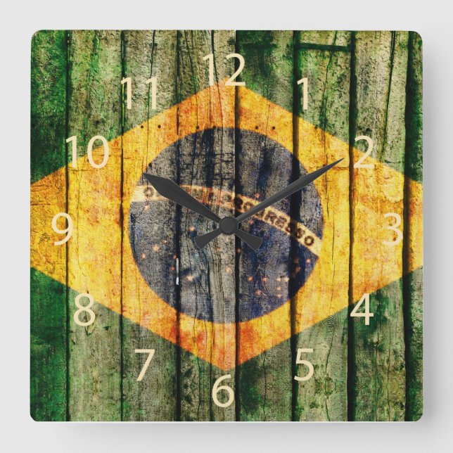 Grunge Brazilian flag on rustic wood background Square Wall Clock (Front)